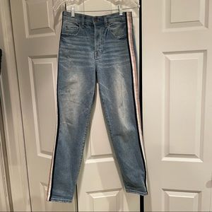 Pistola High Rise Distressed Jeans with Navy, White & Pink Side Stripe